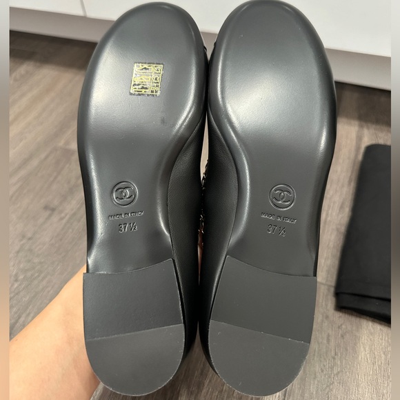 $1.5K 2024 CHANEL CC LOGO BOW BLACK LEATHER GOLD CHAIN BALLET FLATS SIZE 37.5 - Picture 14 of 16